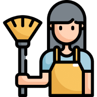 Staff icon depicting a woman in a yellow apron holding a broom.